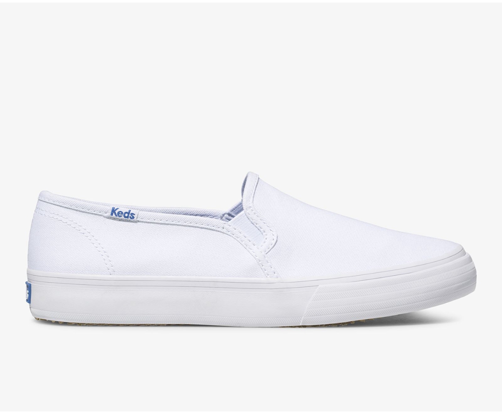 Slip On Γυναικεια - Keds Double Decker Καμβας - Λευκα - NEIQD9357